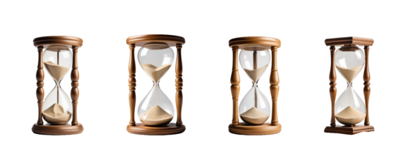 A  hourglass with sand flowing through it isolated on transparent background. full depth