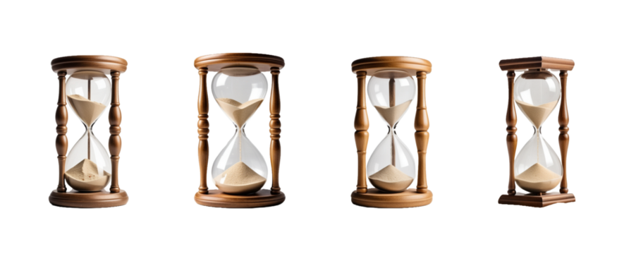 A  hourglass with sand flowing through it isolated on transparent background. full depth