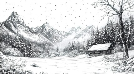 
Pencil drawing sketch of a snowy mountain scene, with a cabin in the distance   