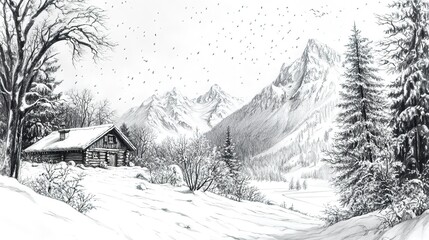 
Pencil drawing sketch of a snowy mountain scene, with a cabin in the distance   