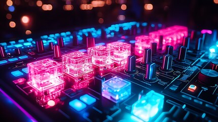 Obraz premium A DJ mixer console glows with neon lights, buttons, and knobs, setting the party mood.