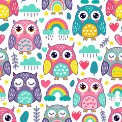 Seamless pattern with colourfull owl, rainbow, clowd, stars and hearts. Vector pattern for kids fabric, wrapping paper, package, textile, wallpaper print