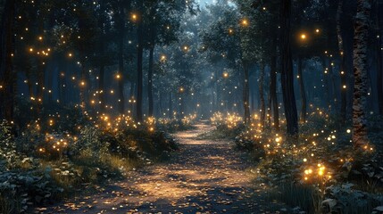 Twilight forest, fireflies glowing, moonlit paths, and rustling leaves, 3D landscape