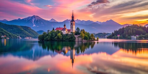 Naklejka premium Lake Bled in the evening, pastel pink and blue hues dancing across the sky, church bell tower reaching for the heavens.