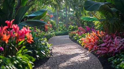 Obraz premium A serene garden pathway meanders through lush greenery and colorful tropical flowers.