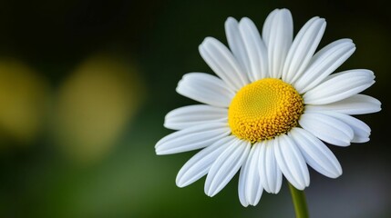 Obraz premium A close-up of a daisy with white petals and a bright yellow center, capturing the simple beauty and fresh appearance of the flower.