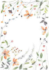 Floral vertical frame with delicate abstract plants and flowers, watercolor isolated illustration for your text, cover, banner or template floral card. 