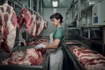 Female butcher working in a meat processing factory cutting raw meat.