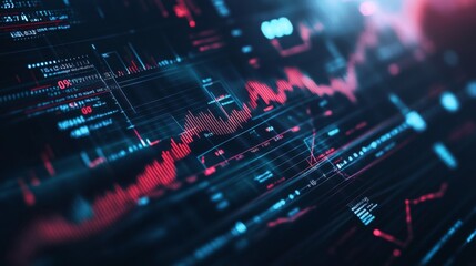 Fototapeta premium A close-up of a financial chart with fluctuating lines and bar graphs, overlaid with numerical data and percentages, on a sleek digital screen.