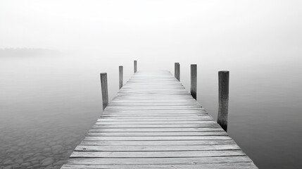 Naklejka premium Solitude on the Shore: Fog-Enshrouded Pier, Echoes of a Bustling Harbor, Coastal Serenity in Grayscale Elegance