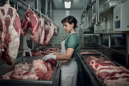 Female butcher working in a meat processing factory cutting raw meat.