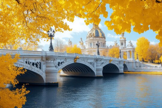 Stone Bridge with Golden Autumn Leaves and a River
