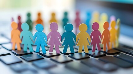 Colorful paper people stand together on a keyboard, celebrating connection and community.