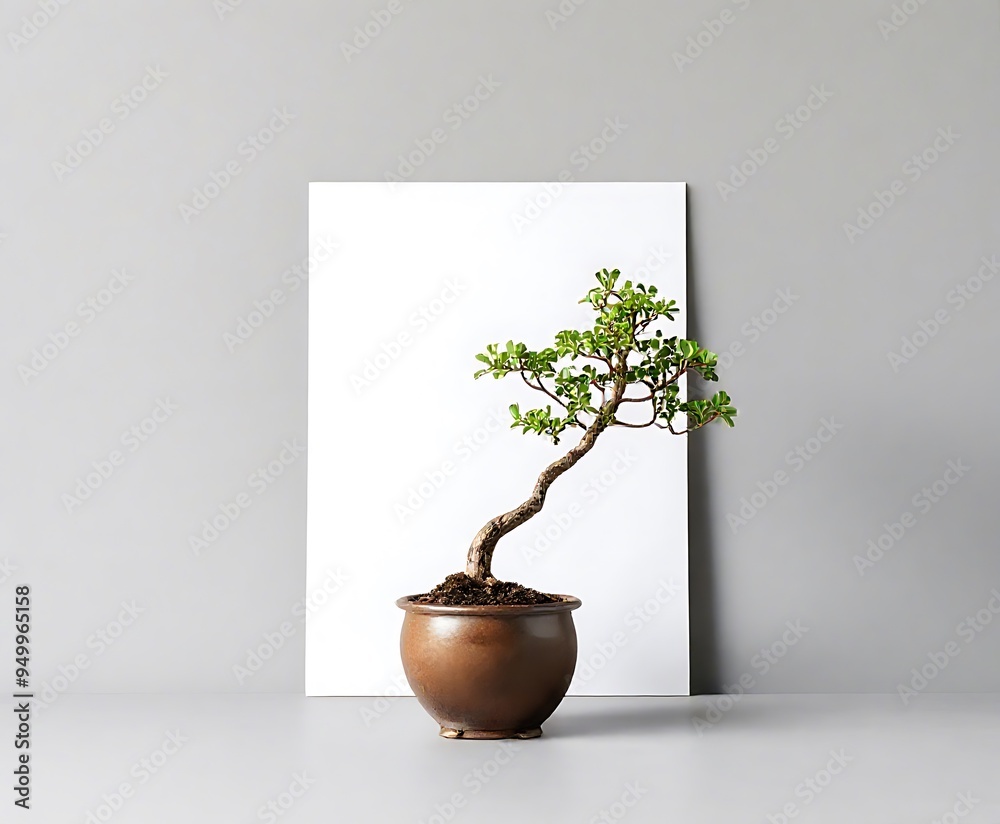 Wall mural a4 size paper blank mockup on table with a small bonsai tree .blank paper card on a wooden table ,st