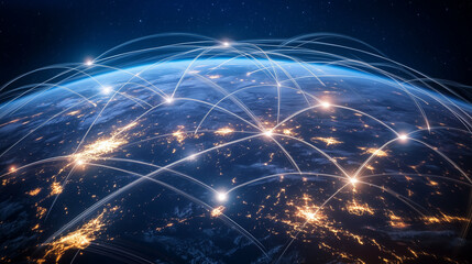 A nighttime view of Earth from space, illuminated by city lights. A network of glowing lines connects various points on the planet, symbolizing global connectivity and communication.