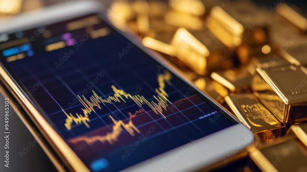 Aufkleber A close-up of a gold price chart with a sharp upward trend, displayed on a financial app on a smartphone, illustrating the impact of gold market movements on personal investments.