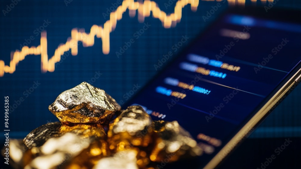Aufkleber A close-up of a gold price chart with a sharp upward trend, displayed on a financial app on a smartphone, illustrating the impact of gold market movements on personal investments.