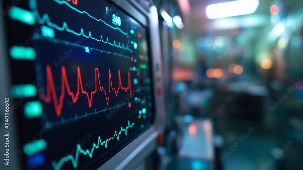 Poster a close-up of a heart rate monitor with clear, real-time ecg waves displayed, used in an emergency r