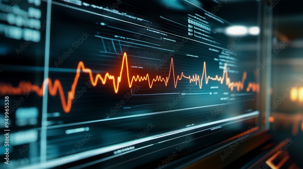 Poster a close-up of a heart rate monitor with clear, real-time ecg waves displayed, used in an emergency r