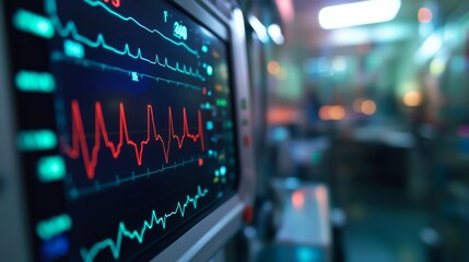 Fototapeta premium A close-up of a heart rate monitor with clear, real-time ECG waves displayed, used in an emergency room or critical care unit, emphasizing vital sign monitoring.