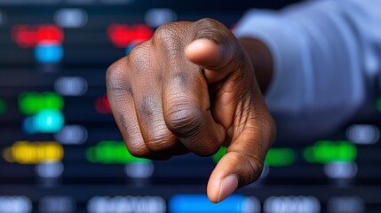 A hand pointing at a screen with numbers and a green light. The hand is on the number