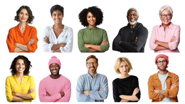 PNG diverse people arms crossed design element set, transparent background