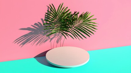 Obraz premium Minimalist Product Display with Round Podium and Tropical Palm Leaf Shadow on Pink and Blue Background