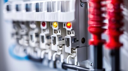 Electrical panel with automatic switches showing colorful signals in an electrical room