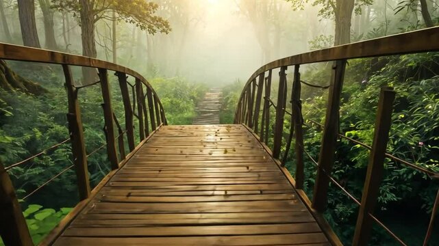 Walking on an ancient broken and neglected wooden bridge in the heart of the forest