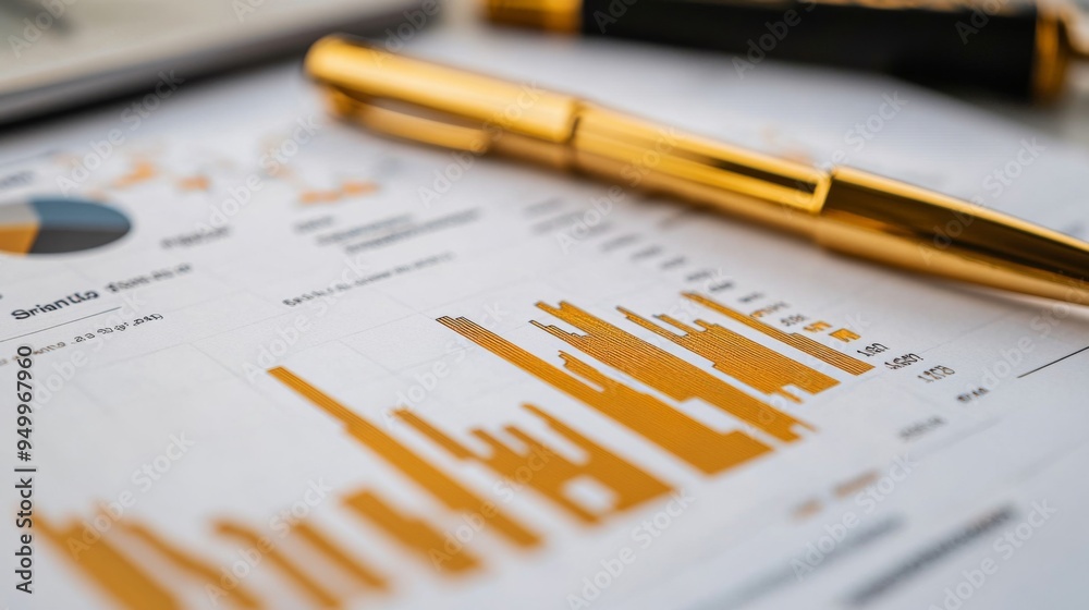 Poster A close-up of a printed gold price chart with annotations and trend lines, placed on a desk with financial reports and a pen, emphasizing detailed market analysis.