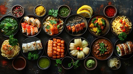 A culinary journey through world cuisine with a collage of sushi, pasta, curry, and tacos, each dish plated traditionally,
