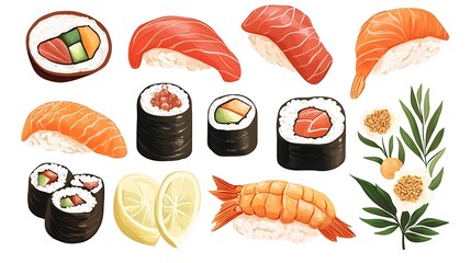 Japanese Sushi Set with Salmon  Shrimp  Avocado and Lemon