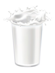 Realistic milk splash in a glass  illustration. Milk poured into glass on a blue background