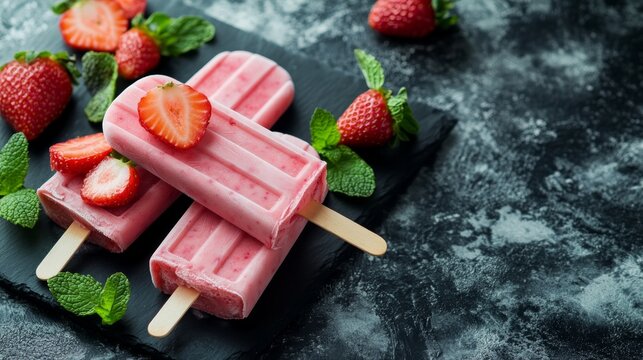 Homemade strawberry ice ream popsicles with frozen yogurt and mint leaves on black board and marble table, soft focus