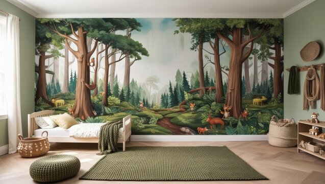 Fototapeta Forest theme. Creative and bright eco design of a children's room. Bright fantasy wallpaper on the wall of baby room.