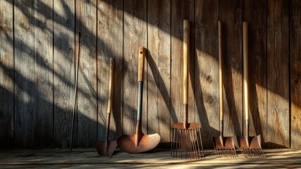 Rustic farm tools resting against a wooden barn wall, rusty rake, shovel, and hoe highlighted by soft sunlight and gentle shadows. Harvesting