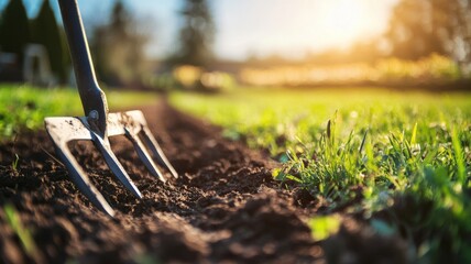 Farm tools neatly arranged in a grassy field, close-up of plow and spade with sharp metal edges, bright sunlight and a blurred farm background. Harvesting