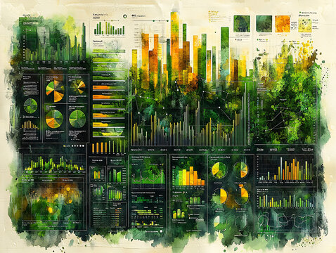 a hand drawn dashboard having only olive and black and bright green colors, showing different data, scatter plots, pie charts, area charts, histograms, heatmaps, bubble charts, box plots, and radar ch
