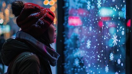 Obraz premium Young woman wearing winter clothes looking at christmas lights display