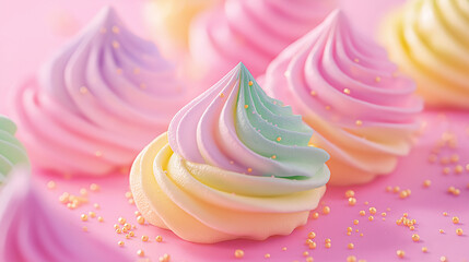 A colorful frosted dessert with a rainbow swirl. The dessert is sitting on a pink background. The dessert is a delicious treat that is sure to please anyone who tries it