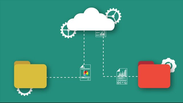 File transfer with cloud technology animation depicting the process of copying documents to a folder, ideal for illustrating office work concepts