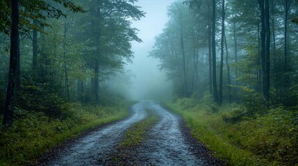 Fototapeta premium Enchanting Morning: Mystical Forest Road Shrouded in Serene Fog