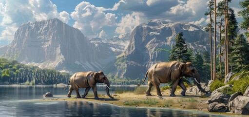 Two Elephants Walking by the Lake in a Mountainous Landscape