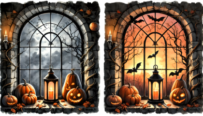 Halloween window, watercolor illustration, isolated background.