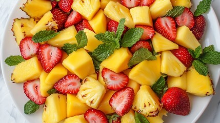 Overhead shot of fresh fruit salad with mango pineapple strawberries and mint leaves arranged beautifully on a white plate