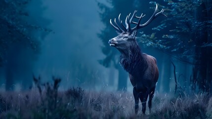 red deer stag in the misty night forest noble deer male banner with beautiful animal in the nature habitat wildlife scene from the wild nature landscape dark blue background  