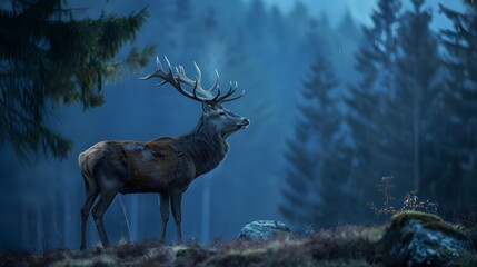 red deer stag in the misty night forest noble deer male banner with beautiful animal in the nature habitat wildlife scene from the wild nature landscape dark blue background  