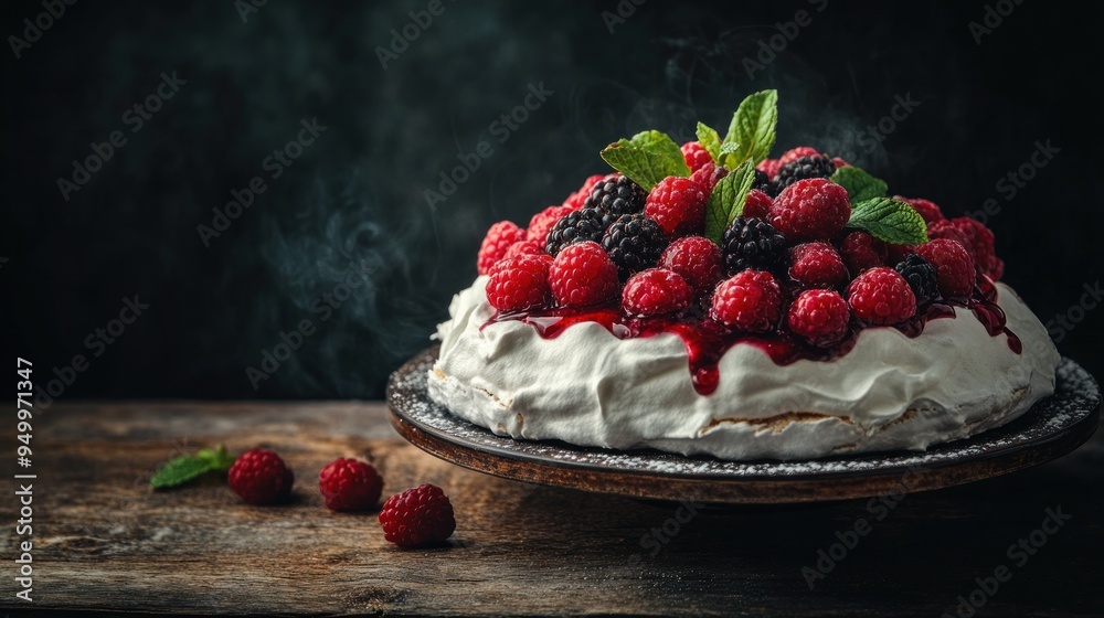 Wall mural Delicious Raspberry and Blackberry Pavlova with a Touch of Steam