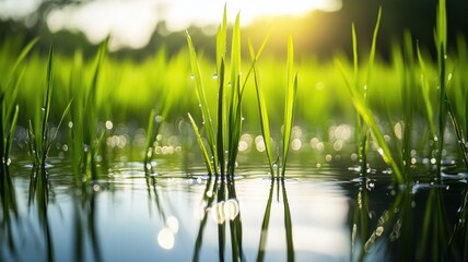 Obraz premium Close-up of rice plants in a flooded field, vibrant green stalks and water reflecting the sky, with dew on leaves catching early morning sunlight. Harvesting