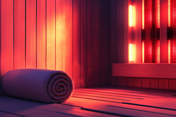 Rolled-up towel sits on the wooden bench of an empty infrared sauna, bathed in the warm glow of red light therapy, inviting relaxation and rejuvenation